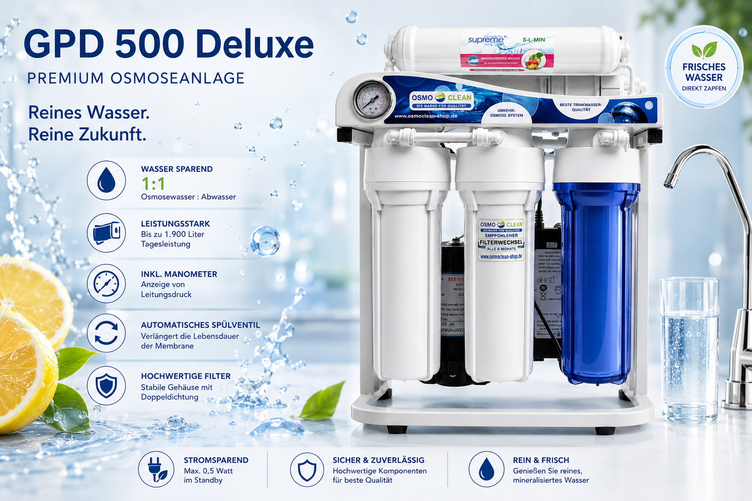 DELUXE Ausführung! Osmoseanlage "Titan" antibakteriell - 500 GPD/ ca. 1.900 Liter pro Tag mit Wasser
