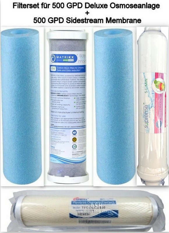 Deluxe Filtersatz für 5-stufige Umkehrosmose Wasserfilter 10Zoll + 500 GPD Sidestream Membrane Deluxe Filtersatz für 5-stufige Umkehrosmose Wasserfilter 10Zoll + 500 GPD Sidestream Membrane