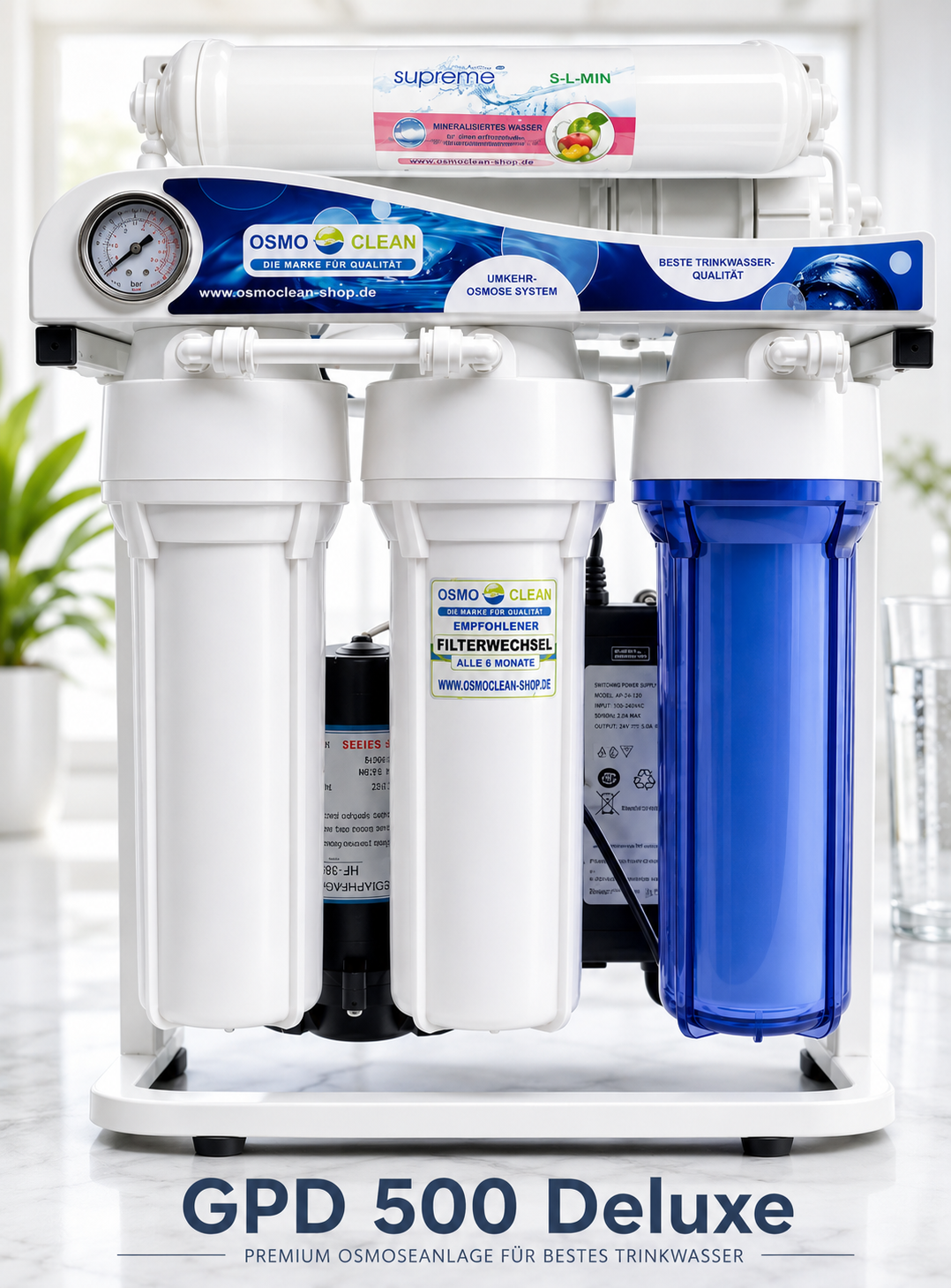 DELUXE Ausführung! Osmoseanlage "Titan" antibakteriell - 500 GPD/ ca. 1.900 Liter pro Tag mit Wasser