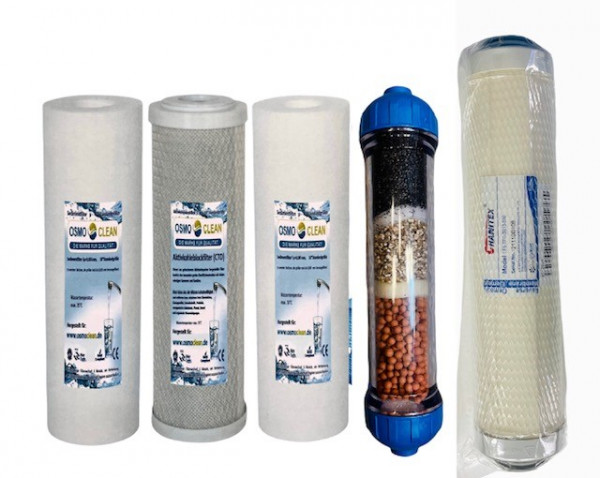 Filtersatz für 5-stufige Gesundheits - Osmoseanlage 10 Zoll + Sidestream Membrane 500 GPD